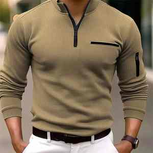 New Lightweight Luxury Men's Long Sleeve for <b>POLO</b> <b>Shirt</b> Retro Style <b>Striped</b> Zipper Arm Fashionable Sports Anti-Wrinkle Knitted - Product Image 1