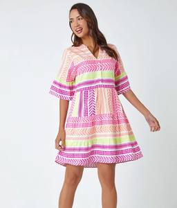 V-Weaving Texture Indian Handcrafted Summer Casual and Resort, Beach Wear Robe courte pour les femmes Col en V, Robe courte à manches cloche - Product Image 1