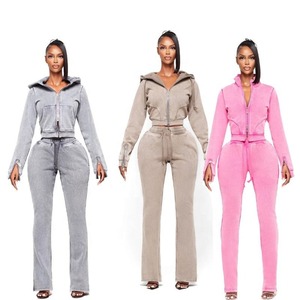 Custom Logo <b>Women</b> Cropped Hoodie Set Zip up Two 2 Piece Sweatpants and Hoodie Set Acid <b>Washed</b> Jogger Tracksuits <b>Womens</b> - Product Image 3
