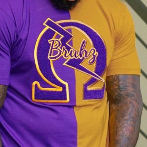Mezza oro viola Omega Bruhz stile greco ciniglia ricamo Tee Custom confraternity abbigliamento all'ingrosso camicia di cotone da uomo - Product Image 3