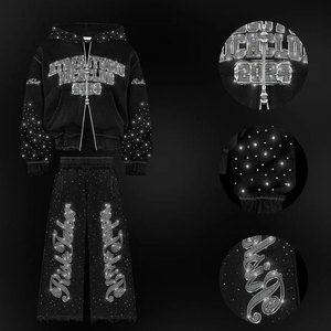 Full <b>Sleeve</b> Zip Up Rhinestone Tracksuit Set Stretchy And Soft Cotton Made Rhinestone Tracksuit Outfit - Product Image 4