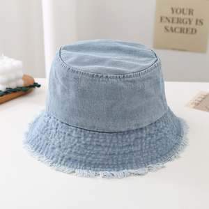 Custom Plain Jean Washed Distressed Raw Edge Denim Bucket Hat Custom Embroidery Logo <b>Vintage</b> Fisherman <b>Cap</b> - Product Image 5