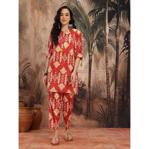 Women's for Rust Printed Satin Chinnon Kurta with Three-Quarter Palazzos for Spring/Summer - Product Image 1