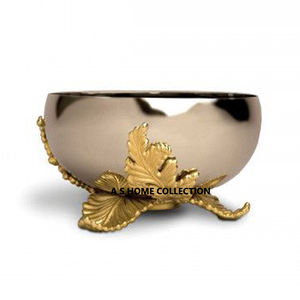 Cuenco decorativo elegante con base dorada de metal de lujo con forma redonda pulida brillante de acero inoxidable - Product Image 1