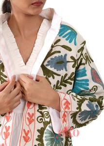 Femme Boho Short Kimono Handmade Dyed Suzani Veste en coton brodé Open Front Free Size Shrug Coat Autumn - Product Image 4