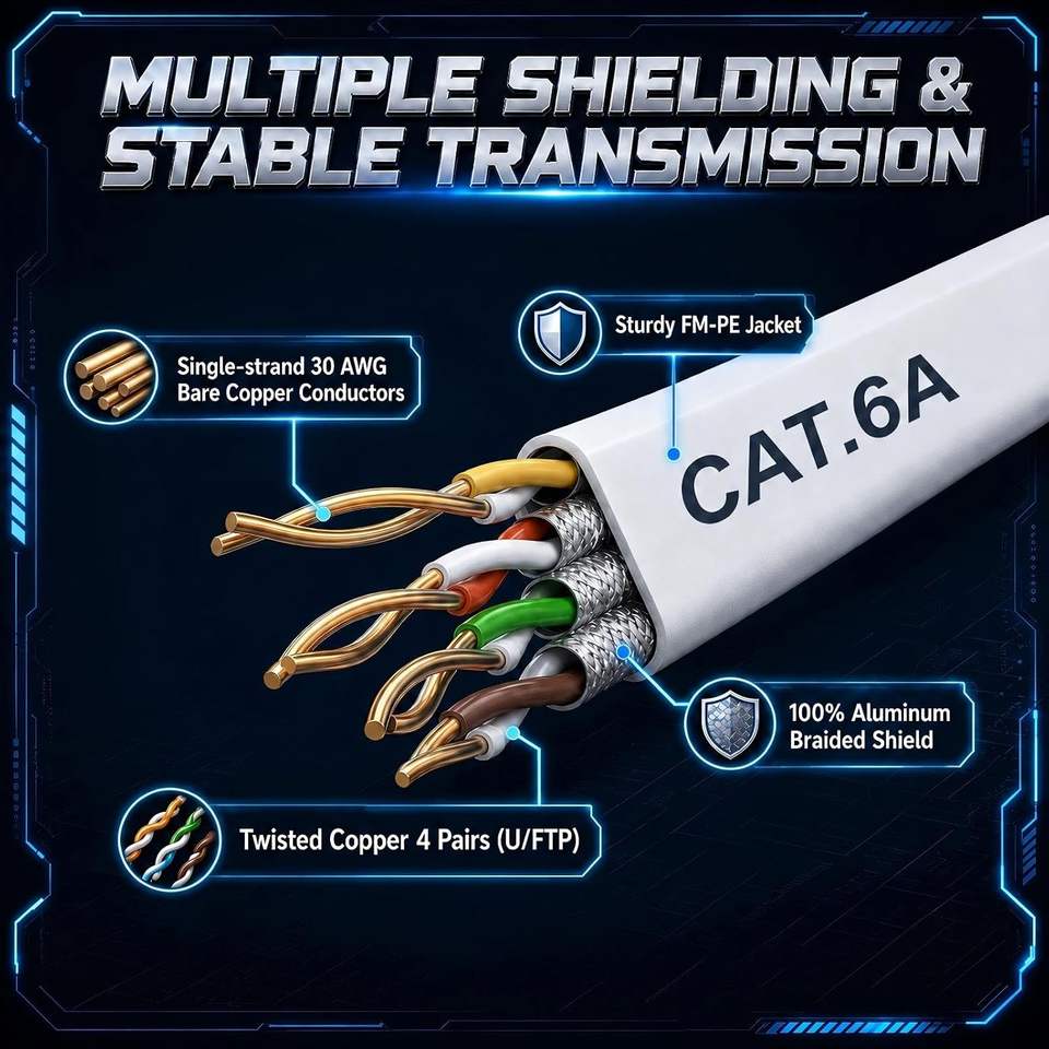 Cat 6A Flat Ethernet Cable 50 ft 10Gbps RJ45 Network Patch Cord for ...