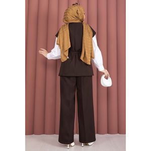 Conjunto de Pantalones y Chaleco de Tweed Color Café para Mujer, Estilo Blazer de Crepé de Dos Piezas con Botones Dorados y Cinturón, Corte Holgado - Product Image 6