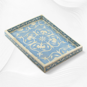 Plateau d'incrustation d'os de conception florale rectangulaire de sarcelle et blanche avec des poignées, décor de luxe, disponible aux prix de gros. - Product Image 3