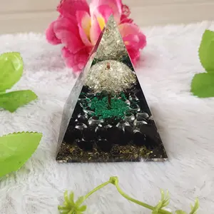 Most rare Orgonite pyramid with black agate chips and on it very small malachite chips and on it tree in umbrella shape