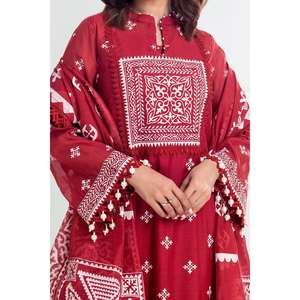 Ensemble classique 3 pièces non cousu en coton imprimé laqué brodé avec dupatta à col montant Modèle SP-52013 - Product Image 4