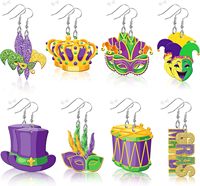 8 paires de boucles d'oreilles de fête pour femmes, boucles d'oreilles en acrylique Mardi Gras, design double face, boucles d'oreilles pendantes en forme de couronne, bijoux décoratifs