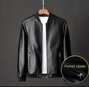 Chaqueta de cuero con cuello levantado para primavera y otoño para hombre, abrigo de bombardero de tendencia a la moda, chaqueta de cuero teñido para motocicleta para hombre - Product Image 1