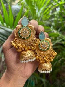 Premium Quality Brass Base Monalisa Stone Lightweight Fusion Gold <b>Jhumkas</b> For Women Perfect For Wedding, Festive Occasions - Product Image 3