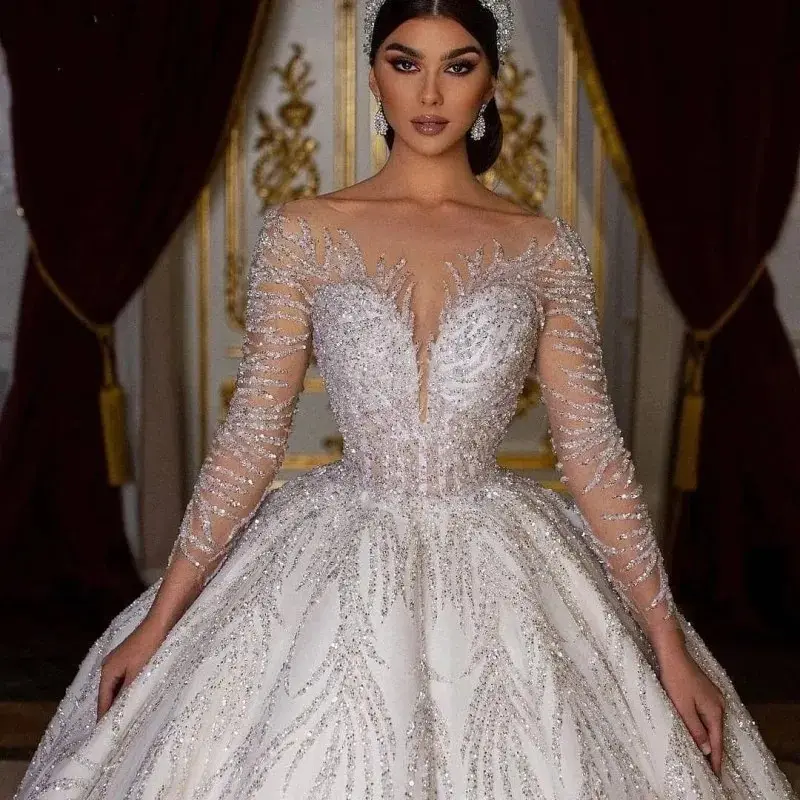 महिलाओं की लंबी आस्तीन के लिए ममुलेओ आश्चर्यजनक राजकुमारी शादी के कपड़े, लक्जरी कशीष बेस्टलेस वेस्टिडो डी नोइवा