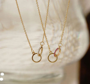 Collier vintage délicat en laiton plaqué or avec pendentif double cercle en pierre rose, bijoux pour fiançailles, mariage, fête, IGI - Product Image 2