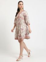Robe d'été décontractée Sati Factory, imprimé floral, col en V, manches 3/4, taille naturelle, rose et blanc, 100 % coton tissé, coupe ample