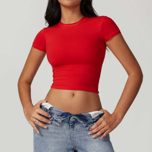 Crop top tendance minimaliste à carreaux pour femme, col rond, été, 100% coton, décontracté, doux, écologique, séchage rapide, anti-UV, tenue quotidienne - Product Image 4