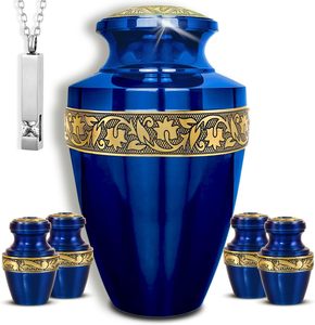 Set of 6 Blue Decorative Cremation <b>Urns</b> for Ashes Adult Male Includes 1 <b>Large</b> Blue <b>Urn</b> with 4 Small Keepsakes & 1 Necklace - Product Image 1