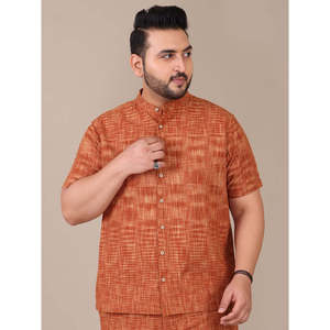 Amanush <b>Men's</b> Tan Brown Texture Plaid Mandarin Collar Short Sleeve Casual Plus Size Shirt Regular Fit Summer Woven Poplin Shirt - Product Image 1