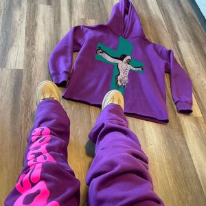 Ensemble de survêtement imprimé bouffant personnalisé de haute qualité Sweat à capuche imprimé DTG avec pantalon de survêtement évasé à bord d'ourlet brut pour le jogging d'hiver - Product Image 1