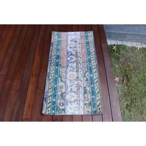 Alfombra Turca Vintage de 1.9x3.7 pies (57x112 cm), Alfombra Azul Marrón Estilo Suroeste - Product Image 3