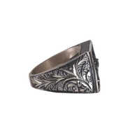 Cincin Pria Perak Sterling 925 Desain Model Kapak Batu Amber Hitam Tebal Terkompresi dengan Setting Bezel untuk Pemakaian Sehari-hari Berukir