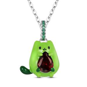 Collier en argent sterling émaillé Jeulia Hug Me Avocado Cat, motif dessin animé - Product Image 1
