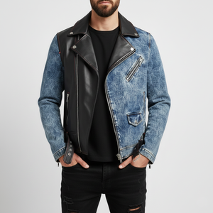 Veste moto en cuir véritable noir et denim délavé personnalisée OEM, style rétro des années 80, veste streetwear à deux tissus - Product Image 4