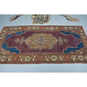 Alfombra vintage de 3.8x7 pies, alfombra turca de lana con diseño de plantas y árboles rojos - Product Image 3