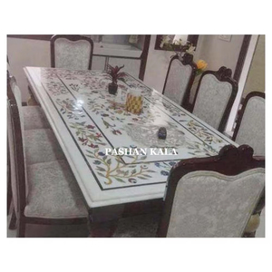 Beautiful White Marble & Lapis Lazuli Flower Design Dining <b>Table</b> <b>Top</b> Round Shape Used For Home <b>Decoration</b> Manufacturing In Bulk - Product Image 4