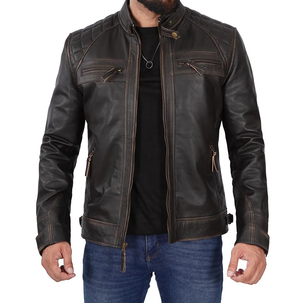 Men Clothing Best Design Sheep Skin Causal Wear Men Leather Jacket With Front Zipper Cheap Price High Quality Jacket
