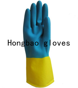 Gants de cuisine 80g double couleur jaune et bleu étanches pour le nettoyage domestique fabriqués en Chine - Product Image 3