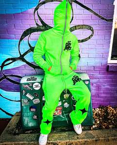 ชุดวิ่งปะติดซิปมีฮู้ดสีเขียวนีออนสำหรับผู้ชายผู้หญิงชุดวอร์มพิมพ์ลายเสือดาวสำหรับฤดูหนาวโลโก้แบบกำหนดเองได้สองชิ้น - Product Image 5