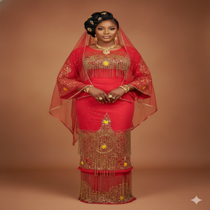 Conjunto de Ropa Tradicional Nigeriana de Tela George Hecha a Mano, Ecológica y de Color Vino, para Mujeres y Niñas, Personalizable para Bodas - Product Image 6