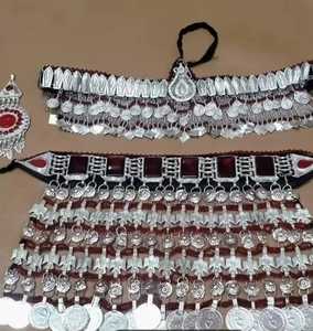 Conjunto de joyería étnica pashtún afgana Diseño raro con piedras de vidrio y cadenas colgantes de acero inoxidable para fiesta Islam religioso - Product Image 2