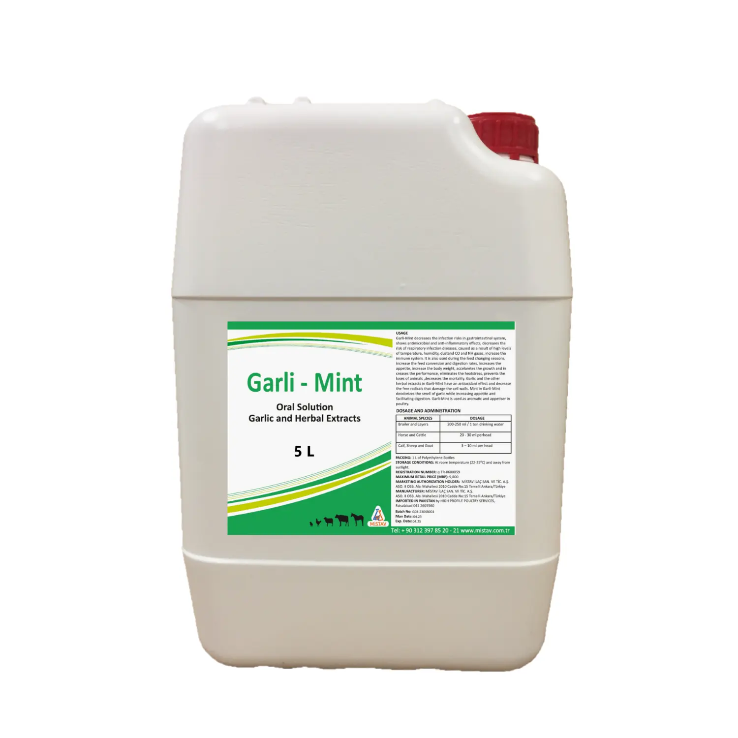 Solução oral Garli Mint 5L de produto OEM de marca própria é um aditivo alimentar para camada de frangos de corte gado cavalo bezerro ovelha cabra suínos