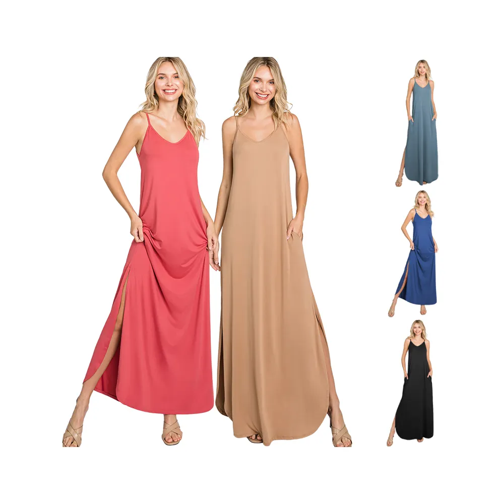 2022 Spring/Summer Season Women'S Sleeveless V-Neck Cami Side Slit Maxi Dress With Side Pocket Plus Size Women's Dresses