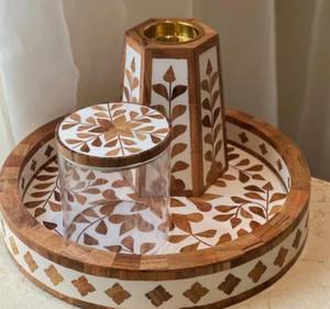 Ensemble de Bukhoor en bois de luxe avec finition nacre, plateau en résine, brûleur d'encens, boîte de rangement, décoration artisanale, cadeau - Product Image 1