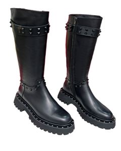 Bottes de combat mi-mollet à plateforme épaisse pour femme, hauteur genou, à talon haut, bout rond, avec fermeture éclair, style punk gothique clouté, Valentinoing - Product Image 2