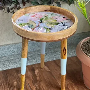 Mughalcrafts โต๊ะข้างไม้มะม่วงสีทึบทันสมัยขาที่ถอดออกได้ทำด้วยมือฤดูใบไม้ผลิดอกไม้โต๊ะกาแฟห้องนั่งเล่นห้องครัวใช้ในห้องครัว - Product Image 2