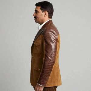 Brown Animal Print Casual Finished <b>Men's</b> PU Leather <b>Suede</b> Look Blazer <b>Jacket</b> Contrast Panel Patchwork Detail Turn-down Collar - Product Image 2
