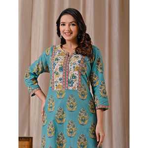 Conjunto de Kurta Afghani de Corte Recto con Estampado Butta Block, Estilo Casual Cian - Product Image 1