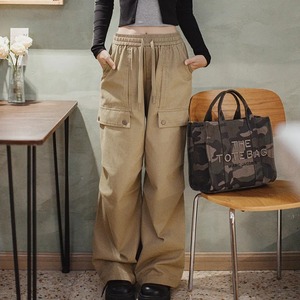 Pantalones Cargo informales con cordón de bolsillo Pantalones de cintura elástica Pantalones caqui rectos sueltos de pierna ancha para mujer - Product Image 3