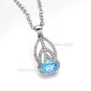 Colgante de circonia cúbica de Topacio Azul Natural de 8x6mm, colgantes finos de corte ovalado chapado en rodio de Plata de Ley 925 para regalo de moda para mujer - Product Image 1