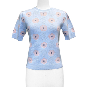 Pull fin en maille de coton et soie SS23 pour femme, motif floral personnalisé, pointelle, manches courtes, col rond, respirant, séchage rapide, collection Printemps - Product Image 1