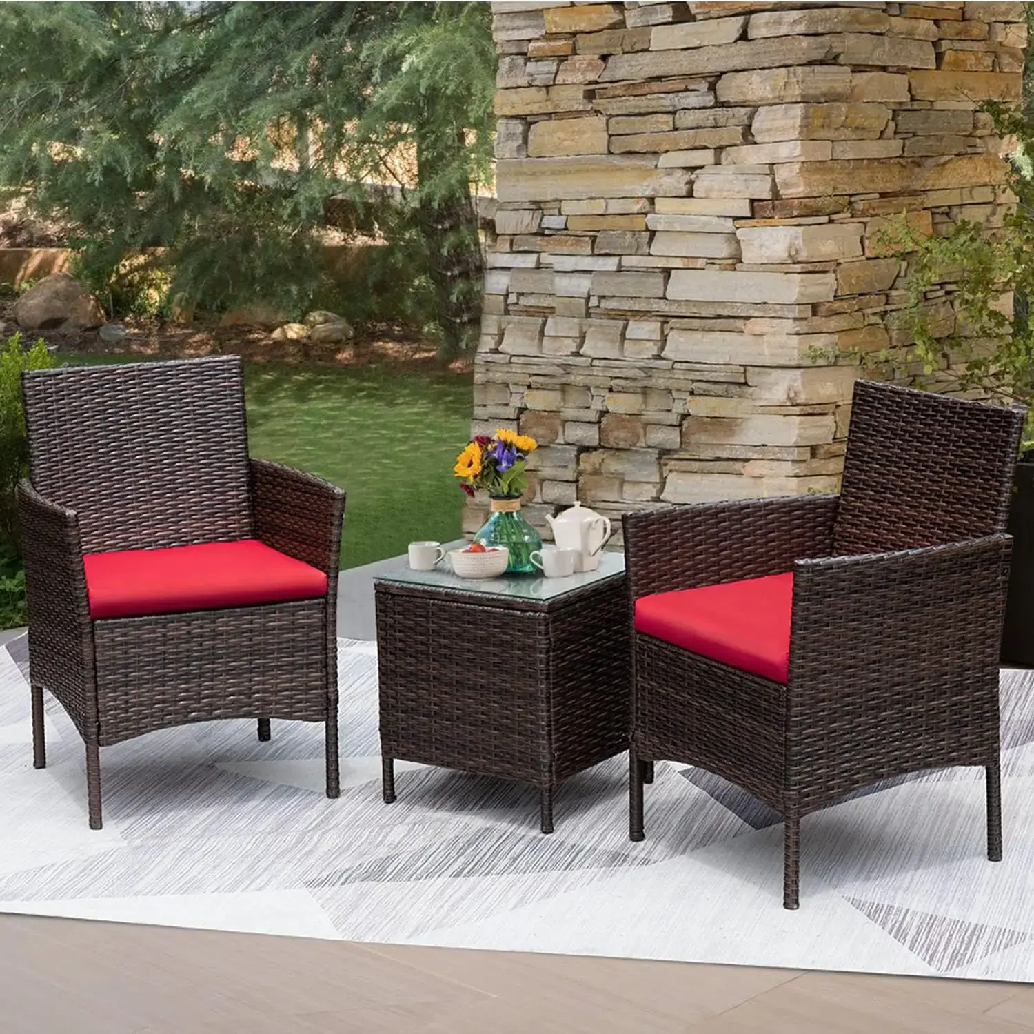 Muebles de exterior de estilo moderno, mesa y silla de mimbre de ratán, muebles de jardín de ratán de plástico, 3 piezas para Patio
