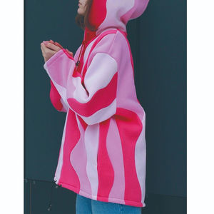 custom Loose Fit Zip up Plus <b>Hoodie</b> Drop Shoulder Fleece Embroidery Waved Color Combination Patchwork <b>Pink</b> <b>Women</b> <b>Hoodie</b> - Product Image 5