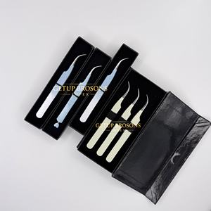 Cils courbés en acier inoxydable, anti-magnétiques, anti-statiques, à dents lisses et dentelées, avec motif découpé en diamant, demi-blancs/demi-bleus - Product Image 2