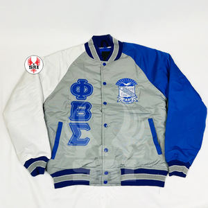 Chaqueta Universitaria Bordada de la Fraternidad Phi Beta Sigma para Hombre |   Chaqueta Letterman de la Fraternidad PBS con Cuerpo de Lana Bordada y Mangas de Cuero - Product Image 1