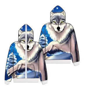 New style digital 3D all over wolf printed on demand custom polyester spandex full zip full face zip up wolf printed hoodies
